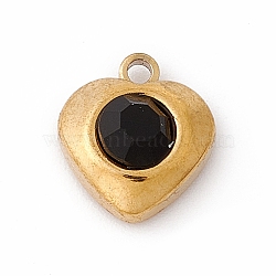 304 Stainless Steel Pendants, with Rhinestone, Heart, Golden, Jet, 10.5x9.5x4mm, Hole: 1.4mm(STAS-P310-24G-03)