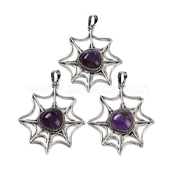 Natural Amethyst Spider Web Pendants, Rack Plating Antique Silver Plated Brass Halloween Net Charms, Cadmium Free & Lead Free, 44.5x37.5x7mm, Hole: 7.5x5mm(G-Q163-09AS-08)