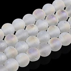 Transparent Frosted Glass Bead Strands, AB Color Plated, Round, WhiteSmoke, 8x7mm, Hole: 1mm, about 51~55pcs/strand, 14.37~15.55 inch(36.5~39.5cm)(GLAA-T032-T8mm-MB13)