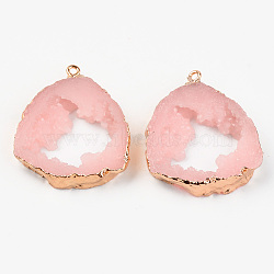 Druzy Resin Pendants, Imitation Geode Druzy Agate Slices, with Edge Light Gold Plated Iron Loops, Nuggets, Pink, 38~39x32.5~33.5x7~8mm, Hole: 1.6mm(RESI-R428-024H)