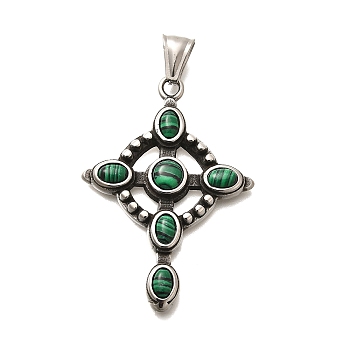 304 Stainless Steel Pave Dyed Synthetic Malachite Pendants, Cross Charms, Antique Silver, 50x35x5.5mm, Hole: 7.5x3.5mm