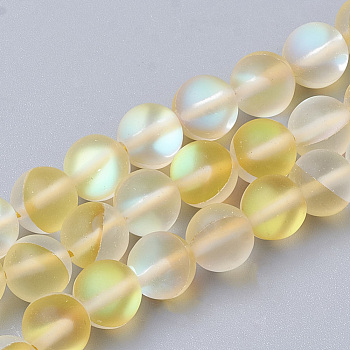 Synthetic Moonstone Beads Strands, Holographic Beads, Dyed, Frosted, Round, Gold, 8mm, Hole: 0.7mm, 47~48pcs/strand, 15 inch