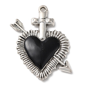 Alloy Pendants, with Black Enamel, Antique Silver, One Arrow Through the Heart Charm, 38.5x30x4mm, Hole: 2mm