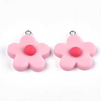 Resin Pendants, with Platinum Plated Iron Findings, Flower, Pink, 23~24x20~22x9~10mm, Hole: 2mm