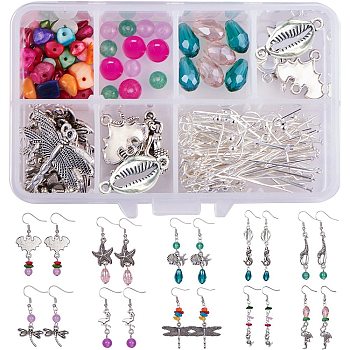 SUNNYCLUE DIY Earring Making, with Tibetan Style Alloy Links, Alloy Pendants, Jade/Shell/Glass Beads and Brass Earring Hooks, Mixed Color, 11x7x3cm