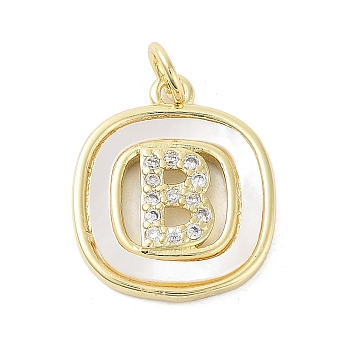 Rack Plating Brass Micro Pave Clear Cubic Zirconia Pendants, with Shell, Cadmium Free & Lead Free, Long-Lasting Plated, Real 18K Gold Plated, with Jump Ring, Letter B, 17.5x15x2.5mm, Hole: 3mm