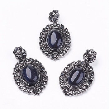 Natural Black Agate Gothic Pendants, with Antique Silver Plated Zinc Alloy Rhinestone Findings, Oval, Lead Free & Nickel Free, Total Length: 47~48.5mm, Hole: 5x7mm, Oval Pendant: 39~40x27~27.5x7.5~9mm