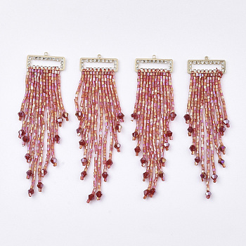 Tassel Big Pendants, with Glass Beads, Crystal Rhinestone and Golden Plated Brass Findings, FireBrick, 85~97x24mm, Hole: 1.2mm