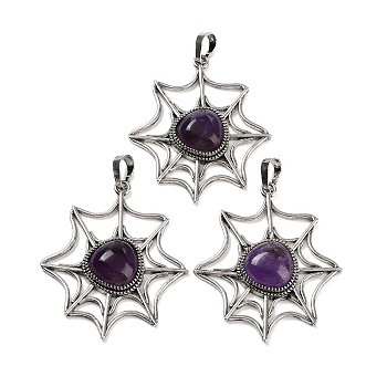 Natural Amethyst Spider Web Pendants, Rack Plating Antique Silver Plated Brass Halloween Net Charms, Cadmium Free & Lead Free, 44.5x37.5x7mm, Hole: 7.5x5mm