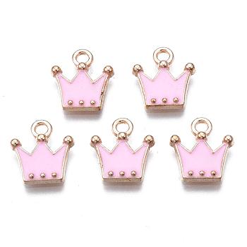 Alloy Charms, Cadmium Free & Lead Free, with Enamel, Crown, Light Gold, Pearl Pink, 11.5x10.5x2mm, Hole: 1.5mm