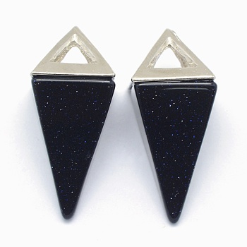 Synthetic Blue Goldstone Pendants, with Alloy Findings, Triangle, Platinum, 34x14x14.5mm, Hole: 4x6mm