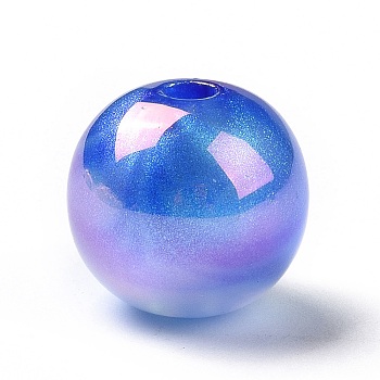 UV Plating Rainbow Iridescent Acrylic Beads, with Glitter Powder, Round, Blue, 15mm, Hole: 3.2mm