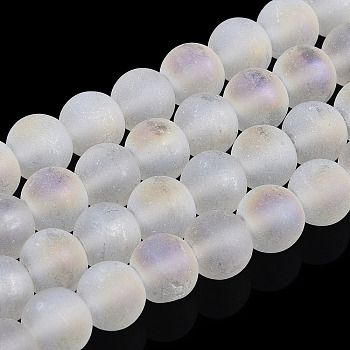 Transparent Frosted Glass Bead Strands, AB Color Plated, Round, WhiteSmoke, 8x7mm, Hole: 1mm, about 51~55pcs/strand, 14.37~15.55 inch(36.5~39.5cm)