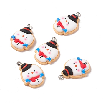 Christmas Theme Opaque Resin Pendants, with Platinum Tone Iron Findings, Snowman, White, 28x18x5.5mm, Hole: 2mm
