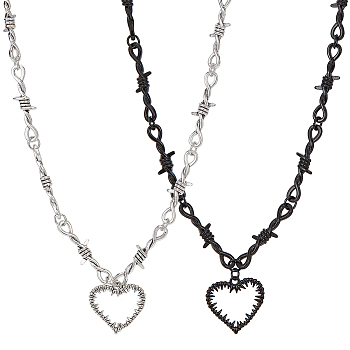 2Pcs 2 Colors Alloy Heart Pendant Necklace with Thorn Chains for Women, Mixed Color, 17.13 inch(43.5cm), 1pc/color