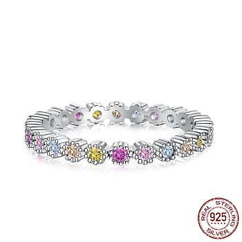 Rhodium Plated 925 Sterling Silver Finger Rings, with Colorful Cubic Zirconia, with S925 Stamp, Platinum, US Size 7 1/4(17.5mm)