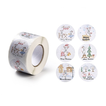 Christmas Themed Flat Round Roll Stickers, Self-Adhesive Paper Gift Tag Stickers, for Party, Decorative Presents, Mouse Pattern, 38x0.1mm, about 500pcs/roll