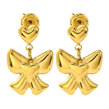 Ion Plating(IP) 304 Stainless Steel Dangle Stud Earrings, Bowknot with Heart, Real 14K Gold Plated, 21x14.5mm
