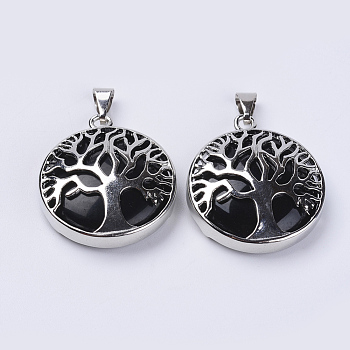 Natural Dyed Black Agate Pendants, with Platinum Plated Brass Findings, Flat Round with Tree of Life, 31x27x8mm, Hole: 3.5x7mm