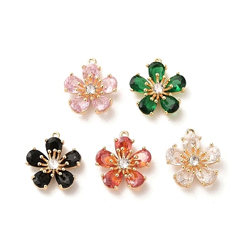 Glass Charms, with Brass Findings, Flower Charm, Real 18K Gold Plated, 14x13x5mm, Hole: 0.8mm