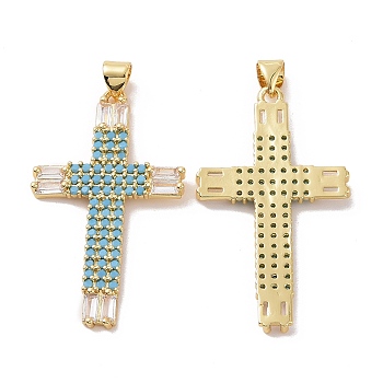 Brass Micro Pave Cubic Zirconia Pendants, Religion Cross Charm, Real 18K Gold Plated, 38x22x2.5mm, Hole: 3.5x4mm