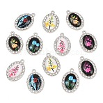 Alloy Enamel & Rhinestone Pendants, Oval with Flower Pattern Charms, Platinum, Mixed Color, 21.5x15x4.5mm, Hole: 1.6mm(FIND-H065-01P)