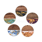 Opaque Resin & Walnut Wood Pendants, Flat Round Charms, with Glitter Powder, Mixed Color, 38.5x3.5mm, Hole: 2mm(RESI-T060-53M)