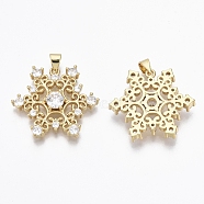 Brass Micro Pave Cubic Zirconia Pendants, Nickel Free, Snowflake, Clear, for Christmas, Real 18K Gold Plated, 23x26.5x4.5mm, Hole: 3x4mm(ZIRC-R109-049G-NF)