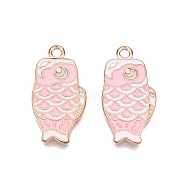 Light Gold Plated Alloy Enamel Pendants, Cadmium Free & Lead Free, Fish Charms, Pink, 24x12.5x1.5mm, Hole: 1.8mm(PALLOY-N176-27C-RS)