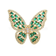 Cubic Zirconia Butterfly Open Cuff Rings, Real 18K Gold Plated Brass Chunky Wide Ring for Women, Nickel Free, Green, US Size 7 1/2(17.7mm)(RJEW-N037-016-03LG)