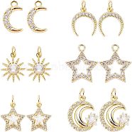 12Pcs 6 Style Brass Cubic Zirconia Charms, with Jump Ring, Long-Lasting Plated, Star & Moon & Sun, Real 18K Gold Plated, 12~13.5x8~14x2~4.5mm, 2pcs/style(ZIRC-FH0001-36)