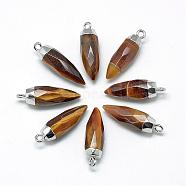 Natural Tiger Eye Pointed Pendants, with Brass Findings, Faceted, Bullet, Platinum, 25~27x8mm, Hole: 2mm(G-Q495-03P)