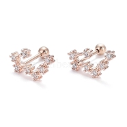 Brass Micro Pave Clear Cubic Zirconia Stud Earrings, with 304 Stainless Steel Pin and Ear Nut, Constellation/Zodiac Sign, Rose Gold, Taurus, 14x7mm, Pin: 0.8mm(EJEW-F258-01E-RG)