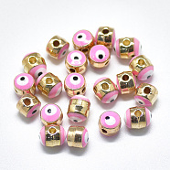 Alloy Enamel Beads, Column with Evil Eye, Light Gold, Pink, 5.5x6x6mm, Hole: 1.4mm(ENAM-S117-01D)