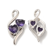 Enchanting Double Heart Brass Pendants, with Glass Rhinestone, Purple, 28.4x13.4x5.5mm, Hole: 3.4mm(ST6267628)