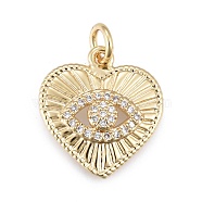 Brass Micro Pave Cubic Zirconia Pendants, with Jump Ring, Heart with Eye, Golden, Clear, 16x16.5x3.5mm, Hole: 3mm, Jump Ring: 5x0.9mm(KK-O126-05G-01)