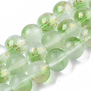 Frosted Spray Painted Glass Beads Strands, with Golden Foil, Round, Lime Green, 10~11mm, Hole: 1.4~1.6mm, about 39~42pcs/Strand, 14.84 inch~15.27 inch(37.7~38.8cm)(GLAA-N035-03D-C02)
