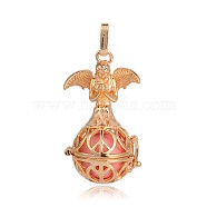 Golden Plated Brass Hollow Round Cage Pendants, with No Hole Spray Painted Brass Beads, Pink, 45x25x24mm, Hole: 3x8mm(KK-J251-03G)