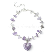 Natural Lilac Jade Heart Charm Bracelet with Chips Beaded Chains, Brass Bracelet, 9 inch(22.8cm)(BJEW-TA00295-02)