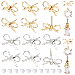 24Pcs 2 Colors Bowknot Brass Stud Earring Findings, with Loops and 40Pcs Plastic Ear Nuts, Nickel Free, Real Gold Plated & Real Platinum Plated, 8~10x15mm, Hole: 1mm, Pin: 0.7mm, 12Pcs/color(KK-BC0013-68)