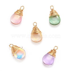 Transparent Glass Pendants, with Gold Copper Wire Wrapped Pendants, Teardrop, Mixed Color, 18.5x10x6mm, Hole: 2mm(PALLOY-JF00559)