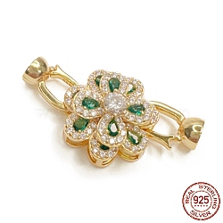 925 Sterling Silver Micro Pave Lime Green Cubic Zirconia Fold Over Clasps, Flower, Real 18K Gold Plated, 34.5mm, Hole: 4mm(STER-P054-04G)