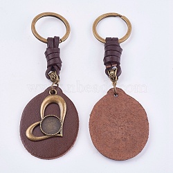 Alloy Cabochon Settings, Cadmium Free & Lead Free Keychain, with Cowhide Pendants and Iron Rings, Heart, Antique Bronze, Tray: 14mm, 120mm(KEYC-T003-01)