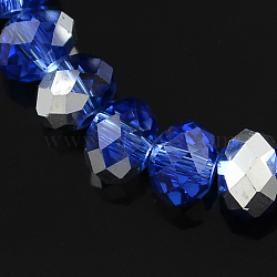 Electroplate Glass Bead Strands, Half Silver Plated, Faceted, Rondelle, Blue, 8x6mm, Hole: 1mm, about 63~65pcs/strand, 39~40cm(GR8MMY-05S)