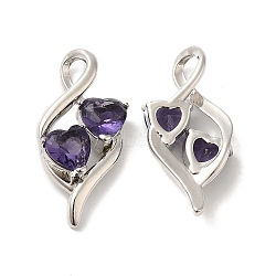 Enchanting Double Heart Brass Pendants, with Glass Rhinestone, Purple, 28.4x13.4x5.5mm, Hole: 3.4mm(ST6267628)