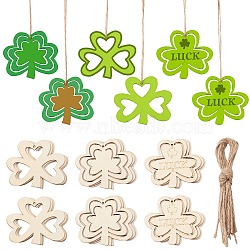 3 Sets 3 Styles Saint Patrick's Day Theme Wood Big Pendant Decorations, with Hemp Rope Hanging Ornaments, Clover, Lemon Chiffon, 68.5x82x2mm, Hole: 3mm, 1 set/style(HJEW-CJ0001-05)