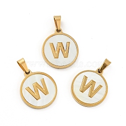 PVD Vacuum Plating 304 Stainless Steel with White Shell Pendants, Golden, Flat Round with Letter Charm, Letter.W, 18x16x1.5mm, Hole: 3x6mm(STAS-G268-01W-G)