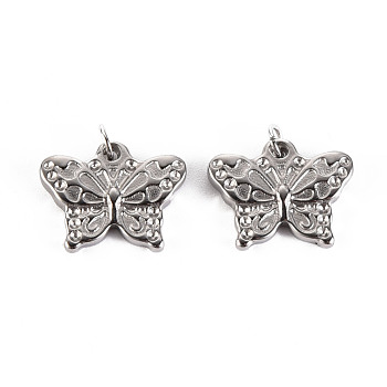 304 Stainless Steel Pendants, with Jump Rings, Butterfly, Stainless Steel Color, 12x15x2mm, Hole: 2.8mm