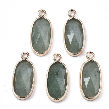 Natural Green Aventurine Pendants, with Light Gold Plated Brass Edge and Loop, Oval, Faceted, 18x8x4mm, Hole: 1.6mm