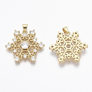 Brass Micro Pave Cubic Zirconia Pendants, Nickel Free, Snowflake, Clear, for Christmas, Real 18K Gold Plated, 23x26.5x4.5mm, Hole: 3x4mm